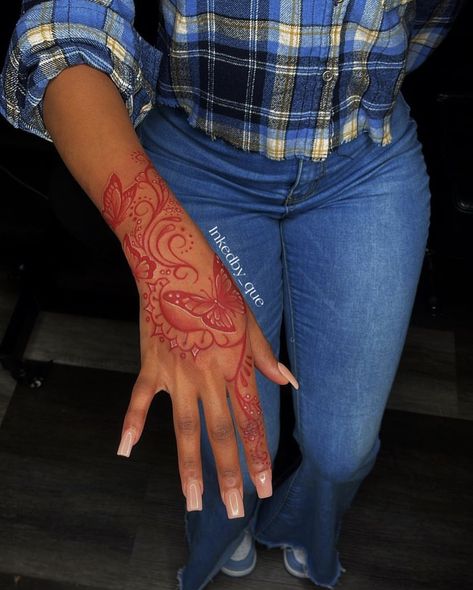 Hand Tattoos For Women Red Ink, Half Hand Tattoo, Hand Arm Tattoos For Women, Red Ink Hand Tattoo, Flower Tattoos Hand, Hand Tattoos Red, Hand And Arm Tattoos For Women, Arm And Hand Tattoos, Baddie Tats Arm Sleeve