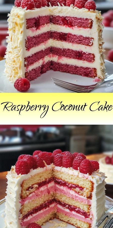 "Raspberry and Coconut Celebration Cake - A Sweet Treat for Any Occasion! Indulge in the delightful combination of tangy raspberries and creamy coconut with this moist and flavorful cake. Perfect for birthdays, holidays, or just because! #RaspberryCoconutCake #CakeLovers #DessertGoals" Coconut And Raspberry Cake, Coconut Raspberry Cake, White Chocolate Raspberry Cake Recipe, Raspberry Coconut Cake, Raspberry Cakes, Snowball Cake, Chocolate Raspberry Cake Recipe, Berry Cake Recipe, White Chocolate Raspberry Cake