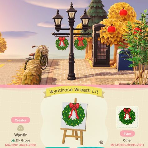 Acnh Wreath Design, Acnh Lamp Post Design, Animal Crossing Christmas Design Codes, Lamp Post Banner, Christmas Street Lamp, Colin Crossing, Acnh Christmas Code, Acnh Winter, Acnh Christmas