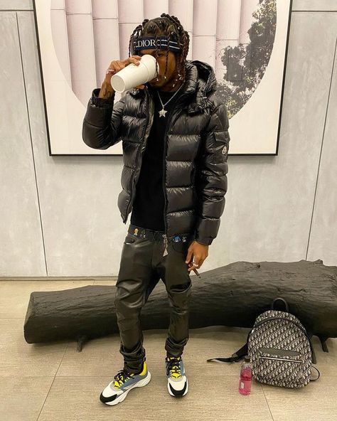 Dior Backpack, Moncler Maya, Drip Fits, Rapper Outfits, Swag Outfits Men, Dope Outfits For Guys, Fall Outfits Men, Moncler Jacket, Winter Outfits Men