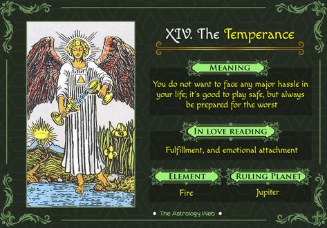 The Temperance tarot card upright and reversed meaning, reading in love, what does the Temperance card mean in past, present, future, other combinations The Temperance Tarot Meaning, Temperance Meaning, Temperance Tarot Meaning, Tarot Notes, Temperance Card, Tarot Study, Temperance Tarot Card, Tarot Divination, Temperance Tarot