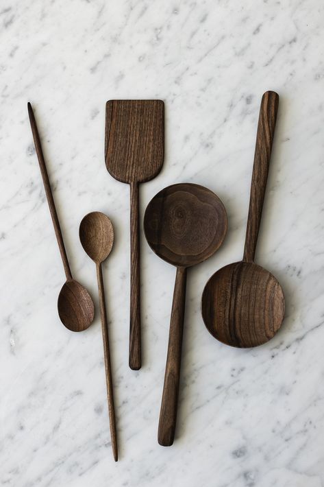 Walnut Cooking Utensils — Sunday Shop Wood Stains, Cooking Tool, Dark Wood Stain, Wooden Utensils, Wood Kitchen, Wooden Spoons, Kitchen Items, Kitchen Stuff, Kitchen Style