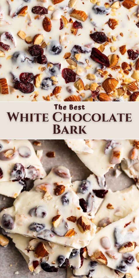 white chocolate bark with almonds and cranberries. Homemade Bark Recipes, Healthy Bark Recipes, Christmas Bark Ideas, Holiday Chocolate Bark Recipes, Rocky Road Bark, Fall Bark Recipes, Vanilla Bark Recipes, Christmas Bark Recipes Easy, Holiday Bark Recipes