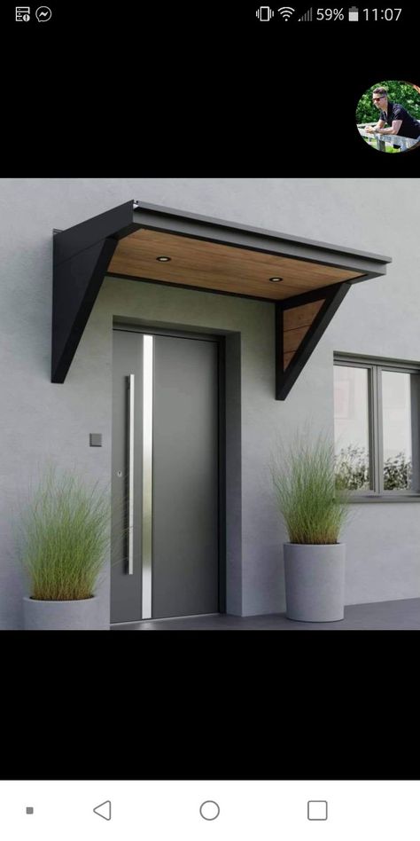 Door Roof Entrance, Front Door Overhang Entrance Modern, Covered Doorway Entrance, Flat Portico Entry, Modern Front Door Awning, Flat Roof Porch Entrance, Modern Porch Ideas Entrance, Garage Door Awning, Entrance Awning