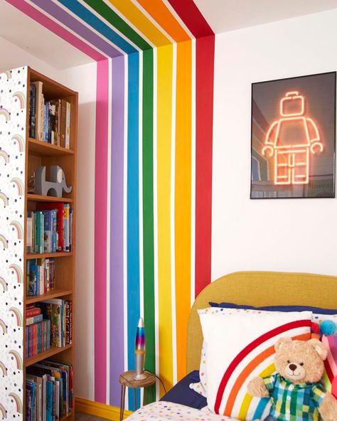 The rainbow room 🌈 sadly its days are numbered as our not so little dude is now asking for a “gamer room” 😭 This was a surprise makeover for our then 5 year old during lockdown. He became obsessed with rainbows after seeing them everywhere with all the NHS clapping and very specifically told me he wanted a “rainbow stripes” bedroom. I think we hit the brief! 💪🏻🌈 Photo credits @lisamoses.creative and @katiejane.watson for @homestylemaguk Boys Rainbow Bedroom, Bedroom Rainbow, Striped Bedroom, Rainbow Bedroom, Striped Room, Rainbow Room, Gamer Room, White Rooms