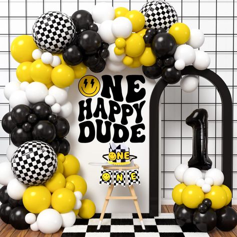 PRICES MAY VARY. 😄 One Happy Dude Birthday Decorations - We have carefully prepared a set of one happy dude themed party decorations. It includes 110 latex balloons (5"+10"+12", 3 colors), 1pc 1st birthday hat, 1pc first birthday highchair banner, 1 number 1 foil balloon (32"), 3 checkered foil balloons ( 22"); and balloon accessories (glue points, ribbon, balloon chain). This is a rich and complete set of one year old boy birthday decorations that can help your baby retain beautiful memories. One And Two Year Old Birthday Party, One Year Old Baby Boy Birthday Theme, One Happy Dude Theme, One Happy Dude Balloon Garland, Baby Boy 1 Year Birthday Themes, One Rad Dude First Birthday, Balloon Arch 1st Birthday, One Happy Dude Balloon Arch, One Happy Dude First Birthday Balloon Arch