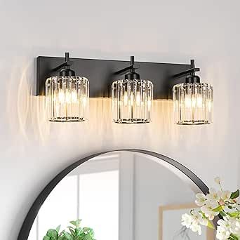 Vanity Lighting Over Mirror, Black Bathroom Light Fixtures, Black Bathroom Light, Crystal Bathroom, Bathroom Vanity Lights, Black And Gold Bathroom, Modern Vanity Lighting, Black Vanity Bathroom, Crystal Wall Lighting