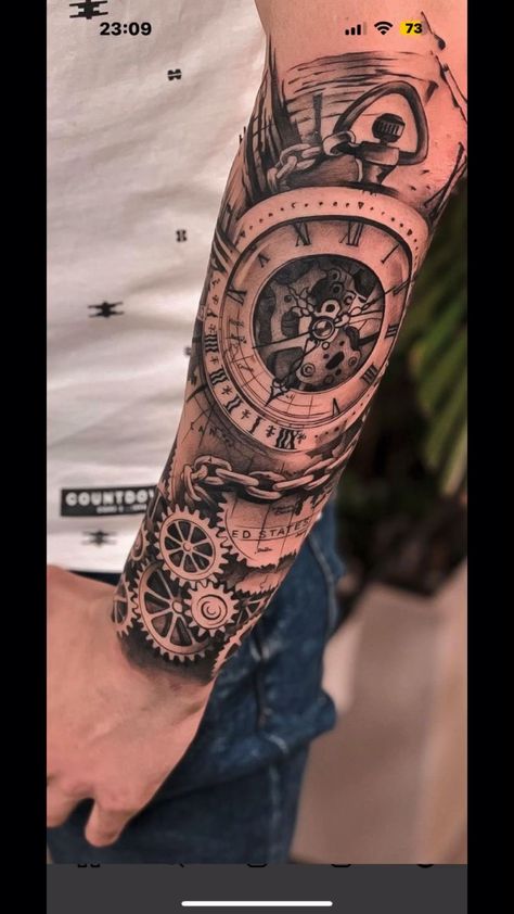 Time Clock Tattoo, Mens Full Sleeve Tattoo, Clock Tattoo Sleeve, Nautical Tattoo Sleeve, 30 Tattoo, Unique Half Sleeve Tattoos, Mangas Tattoo, Manga Tattoo, Biomechanical Tattoo