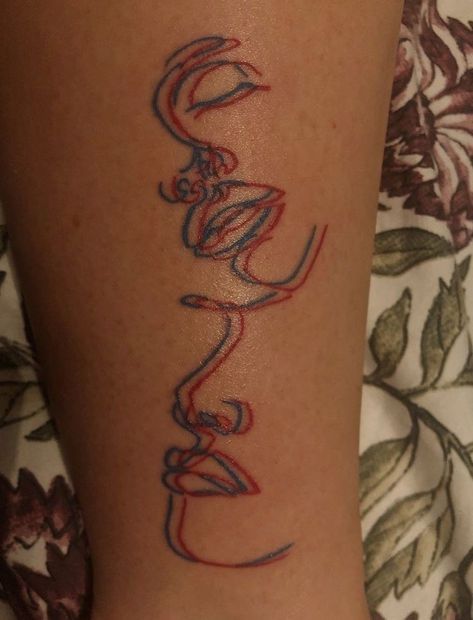 Double Lined Tattoo, 3d Line Tattoos, Red And Blue Ink Tattoo, Red And Blue 3d Line Art, Double Line Tattoo, Blue And Red Tattoo, Red And Blue Tattoo, Blue Tattoos For Women, Red Tattoo Sleeve