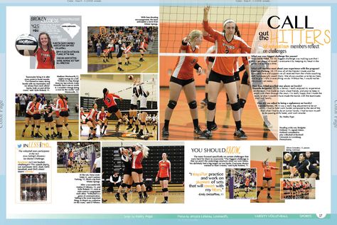 Small headline: I like that the small headline uses different fonts and colors that go well with the orange in the photos. The headlines accent the spread very nicely. Volleyball Yearbook Page Ideas, Volleyball Yearbook Spread, Yearbook Sports Spreads, Yearbook Shirts, Yearbook Club, Teaching Yearbook, Yearbook Inspiration, Impact Report, Yearbook Class