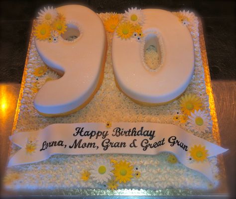 Buttercream Daisy Patch and Fondant 90th Birthday Cake. Buttercream Daisy, 90th Birthday Party Theme, 90 Birthday, Number Birthday Cakes, 90th Birthday Cakes, 60s Party, Birthday Sheet Cakes, 90's Birthday Party, Moms Birthday