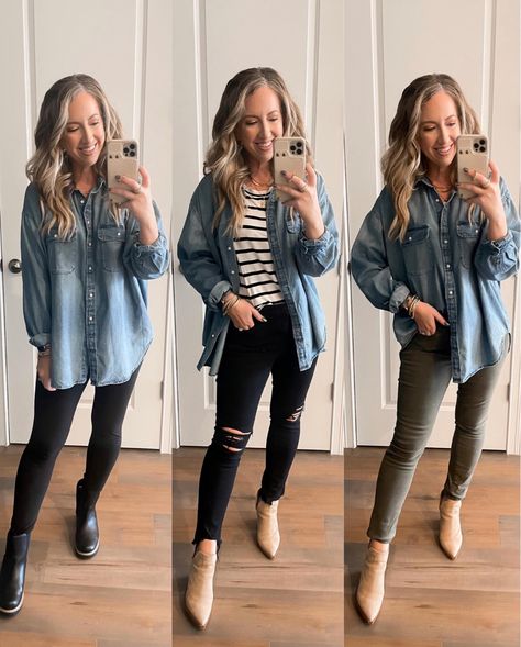 Jean Shirt Work Outfit, Leggings And Oversized Shirt, Long Chambray Shirt Outfit, Chambray Shirt Outfit Winter, Women’s Denim Shirt Outfit, How To Style A Jean Shirt, Oversized Denim Shacket In Casual Style, Oversized Chambray Shirt Outfit, How To Wear Flannel Shirt Women