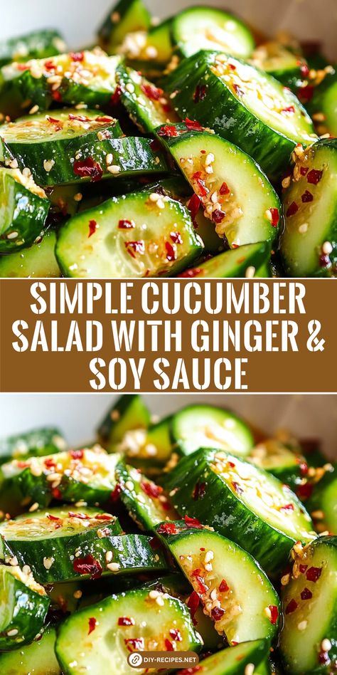 This simple cucumber salad is tossed with soy sauce, ginger, and sesame oil. A fresh and tasty dish that's easy to make! Recipes For Fresh Cucumbers, Sauce For Cucumbers, Mizeria Cucumber Salad, Marinated Cucumbers Asian, Asian Cucumber Recipes, Easy Cucumber Recipes, Viral Cucumber Salad Recipe, Chinese Cucumber Recipe, Things To Do With Cucumbers