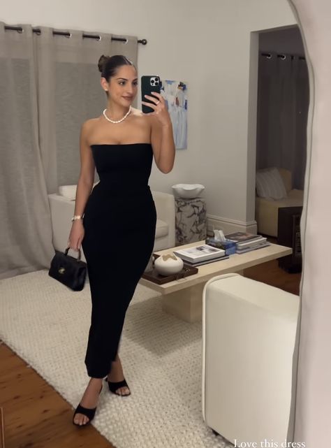 Black Strapless Dress Outfit, Black Dress With Gold Accessories, Strapless Dress Outfit, October Weddings, Long Tube Dress, Black Tube Dress, New Years Outfit, Black Dress Outfits, Black Strapless Dress