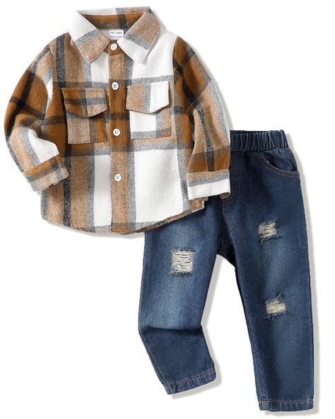 PRICES MAY VARY. Material--- Cotton fabric for toddler baby boys clothes set. Soft and breathable, skin friendly for baby daily wear, very cozy and free. Great gift for your little one. Feature of toddler boys clothes---Long sleeve coffee plaid stylish shirt, adorable ripped denim pants, 2 pcs fall winter clothes for toddlers baby boys. Unique Designs---Delicate and soft plaid tops with matching ripped jeans, so fashion and adorable, all make your little one get lots of compliments with this ado