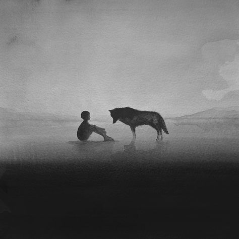 Dreamy Black and White Watercolors by Artist Elicia Edijanto  http://www.thisiscolossal.com/2015/01/dreamy-black-and-white-watercolors-by-indonesian-artist-elicia-edijanto/ The Fog, A Wolf, A Boy