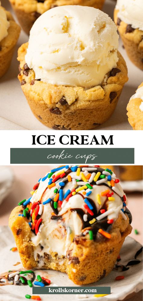 Chocolate Chip Cookie Ice Cream Cups • Kroll's Korner Chocolate Chip Cookie Cups, Cookie Ice Cream, Mini Chocolate Chip Cookies, Ice Cream Cups, Ice Cream Cookie Sandwich, Ice Cream Cup, Chewy Chocolate Chip Cookies, Cookie Cups, Ice Cream Cookies