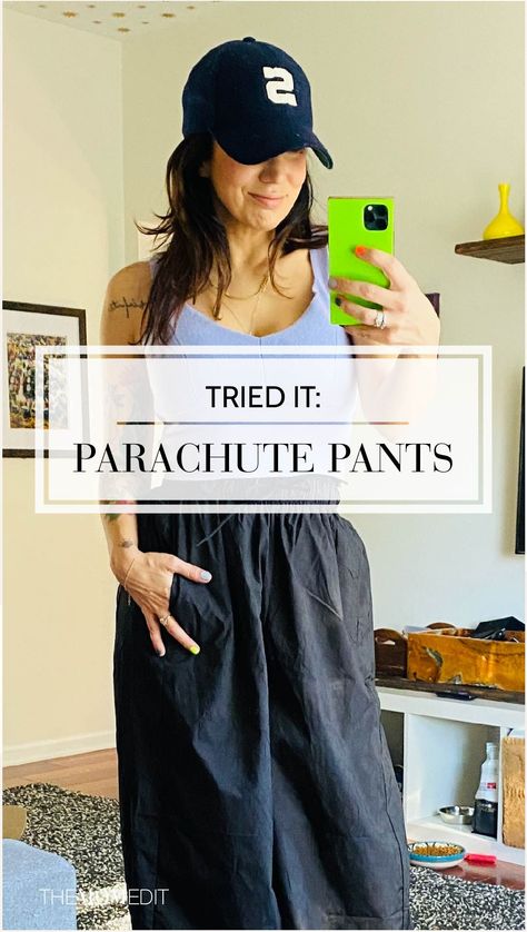 HOW TO WEAR PARACHUTE PANTS NOW: MODERN + COOL | Let's talk parachute pants + how to wear them. We're beyond the '80s fashion of the past — now we're making them cool, modern & elevated, promise. | #TheMomEditStyle #ParachutePants #CargoParachutePants #ParachutePants80s #ParachutePantsWomen #ParachutePants90s #BlackParachutePants #VintageParachutePants #ZaraParachutePants #BaggyCargoPants #CargoPantsWomen #80sFashion #80sStyle #HowToWearParachutePants #ParachuteJoggers #HighWaistedParachutePants How To Wear Parachute Pants, What To Wear With Parachute Pants, How To Wear Parachute Pants Outfit, How To Wear Baggy Pants, Military Parachute Pants For Fall, Versatile Wide-leg Parachute Pants, Military Style Parachute Pants For Fall, How To Style Parachute Pants, Versatile High-waisted Parachute Pants