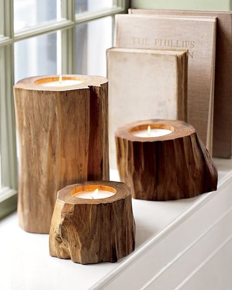 Teak Wood Candles Simple Wedding Centerpieces Diy, Beachy Centerpieces, Tree Stump Decor, Non Floral Centerpieces, Wood Centerpieces, Dinner Party Themes, Wooden Candle, Rustic Centerpieces, Wooden Candle Holders