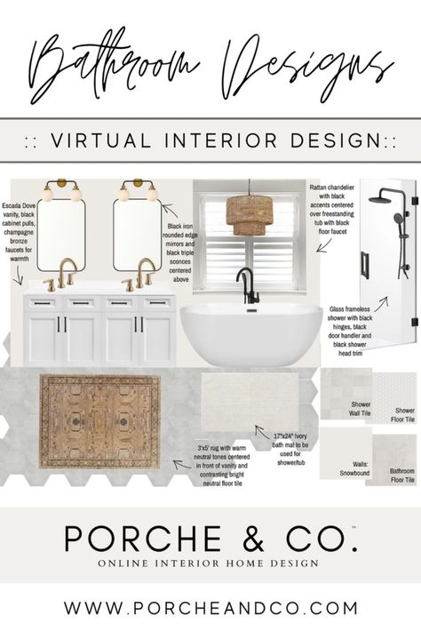 The interior designers at Porche & Co. are sharing bathroom and powder bathroom designs. You will find several bathroom mood boards in this blog that are perfect home decor inspiration. These bathroom decor ideas will help you when picking out bathroom finishes and options for bathroom hardware and fixtures. These decor tips will help you if you need a full bathroom renovation or just a small bathroom refresh. #bathroomdecor #moodboard Bathroom Mood Boards, Modern Classic Bathroom Design, Full Bathroom Renovation, Classic Bathroom Tile, Modern Classic Bathroom, Bathroom Finishes, Modern Classic Home, Classic Bathroom Design, Black Tub