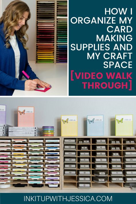 Could your craft space use some organization? In this video walkthrough I show you exactly how I organize my craft making supplies and my craft space. Check it out! #organize #craftroom #cardmaking Craft Supplies Inventory, Scrapbook Supplies Organization, Ribbon Embellishments, Craft Organisation, Craft Paper Storage, Card Making Tools, Craft Storage Organization, Organize Craft Supplies, Card Making Ideas