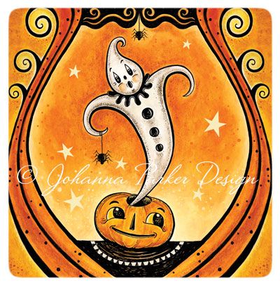 Johanna Parker Design: Vanished like a Ghost! Genie Illustration, Joanna Parker, Halloween Rock Painting Ideas, Johanna Parker Halloween, Vintage Halloween Printables, Halloween Rock Painting, Vintage Halloween Cards, Folk Art Ornament, Halloween Furniture