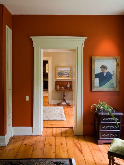 traditional hall by Jarrett Vaughan Builders, Inc.  Amy Krane color Houzz Orange Living Room Walls, Orange Room, Hall Colour, Rustic Wood Floors, Interior Design Colleges, Orange Rooms, Living Room Orange, Interior Design Color, Wooden Floors