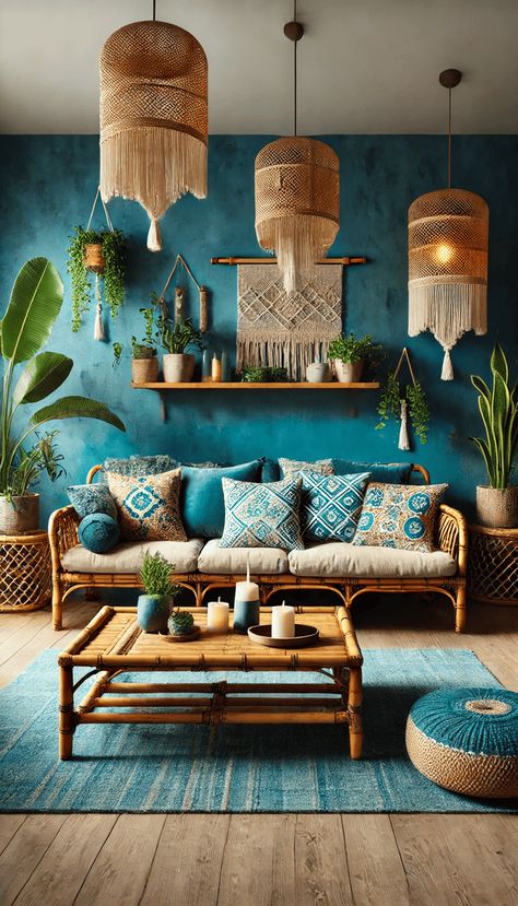 Turquoise Interior Design Living Room, Turquoise Boho Living Room, Turquoise Lounge Ideas, Light Blue Bohemian Living Room, Teal Gold Grey Living Room, Blue Sofa Living Room Ideas Boho, Blue Living Room Boho, Boho Beach House Living Room, Petrol Blue Living Room