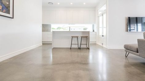 Gordon Park House - OzGrind Polished Concrete Concrete Floors Living Room, Concrete Floors In House, Concrete Finishing, Concrete Stained Floors, Park House, Concrete Kitchen, Cement Floor, Concrete Floor, Stained Concrete