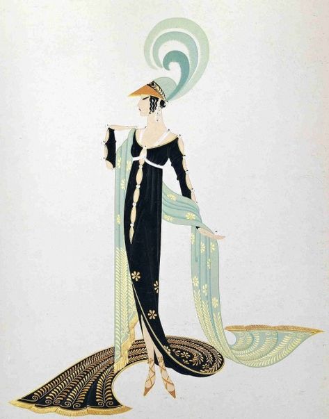 Erté Tirtoff was born Roman Petrovich Tyrtov in Saint Petersburg. He moved to Paris where between 1915–1937, He designed over 200 covers for Harper's Bazaar, and his illustrations would also appear in such publications as Illustrated London News, Cosmopolitan, Ladies' Home Journal, and Vogue. His elegant fashion designs capture the art deco period in which he worked. Erte Illustration, Art Deco Fashion Illustration, Erte Art Deco, Erte Art, Romain De Tirtoff, French Pronunciation, Art Deco Illustrations, Art Deco Artists, Art Deco Illustration