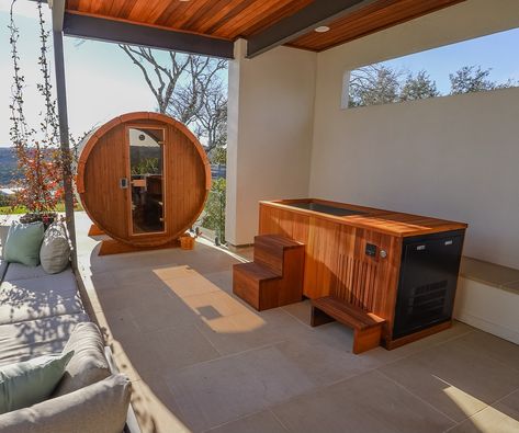 The dynamic duo: cold plunge and barrel sauna from our Austin project #sauna #saunatime #saunadesign #saunalife #sweatdecks #austin #losangeles #heattherapy #coldplunge #saunaandcoldplunge #outdooroasis #wellnessretreat #sweatitout Barrel Sauna And Cold Plunge, Sauna With Cold Plunge, Home Sauna And Cold Plunge, Indoor Cold Plunge, Outside Sauna, Sauna And Cold Plunge, Sauna Barrel, Goal Wall, Bnb Ideas