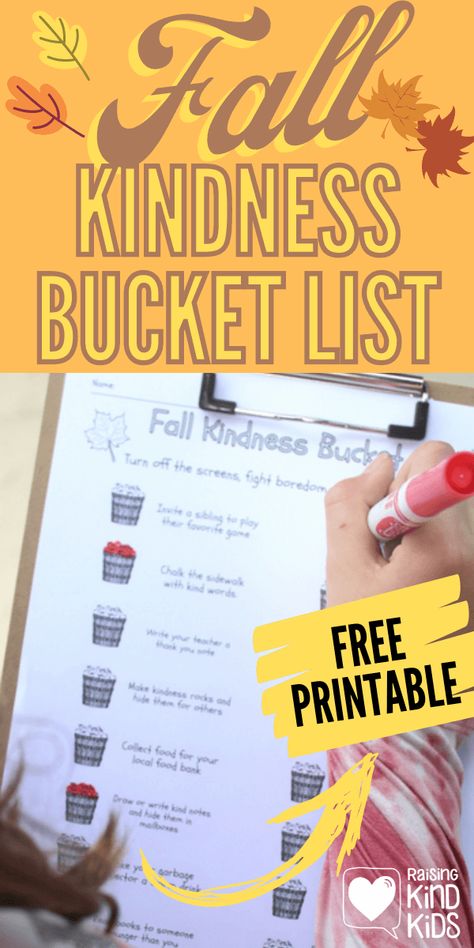 Use this Fall Kindness Bucket List Activity by Coffee and Carpool to help kids spread kindness throughout the autumn months with easy, kid-friendly activities. Speaking and acting with kindness is perfect for fall since our kids are headed back to school around new students. Kindness is a skill that can be taught, and this activity will help. Fall Kindness Activities, Kindness Bucket, Bucket List Activity, School Readiness Activities, Kindness Club, Boredom Busters For Kids, Kindness Challenge, Kindness Activities, Fun Outdoor Activities