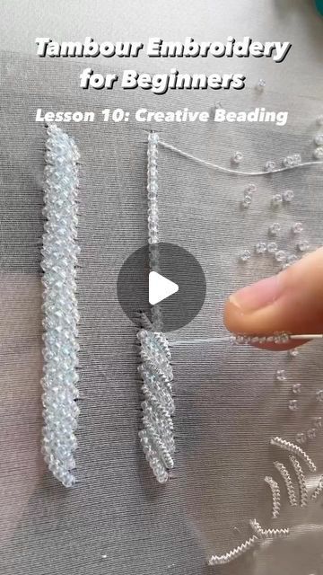 Beading On Clothes Tutorials, How To Do Beading On Fabric, How To Do Beaded Embroidery, Couture Embroidery Designs, Bead Work Tutorial, Tambour Beading Pattern, Hand Beading Embroidery Tutorial, Beadwork Embroidery Tutorial, Beading On Clothes