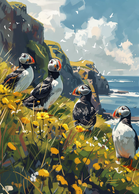 On the grassy cliff, a colony of puffins perches, their vibrant plumage painting the edge of the world with nature's own brushstrokes. Grassy Cliff, Puffin Illustration, Puffin Painting, Encouragement Ideas, Puffin Art, Puffins Bird, Edge Of The World, Iphone Backgrounds, Inspirational Artwork