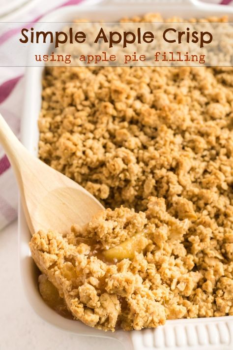 This particular apple crisp is the lazy baker's best friend. Not only will you get all the satisfaction and flavor of apple pie, this simple apple crisp is going to be ready in half the time. Warmly spiced apple pie filling is topped with sweet, buttery oats that crack under the pressure of a spoon. Don't forget a scoop of vanilla ice cream on top. via @cmpollak1 Apple Crumble With Apple Pie Filling, Best Apple For Apple Crisp, Apple Crisp Canned Pie Filling, Apple Crisp Apple Pie Filling, Apple Pie With Apple Pie Filling, 1 Can Apple Pie Filling Recipes, Can Apple Crisp Recipe, Apple Crisp Recipe With Canned Apples Pie Fillings, 8x8 Apple Crisp Recipe