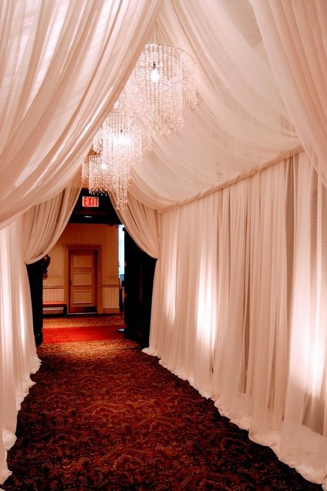 Draped Reception Hall, Wall Drapping Ideas, Tunnel Decoration Entrance, Gala Entrance Ideas, Masquerade Entrance, Wedding Tunnel Entrance, Prom Entrance Ideas, Gala Entrance, Prom Entrance