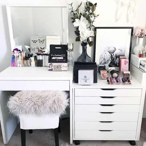 Lazy Sundays  . - IKEA Alex 6 Drawer unit - IKEA Stool - IKEA Mirror - Officeworks student desk. - All acrylic makeup storage @vanitycollections Ikea Makeup, Makeup Collection Storage, Rangement Makeup, Ikea Mirror, Ikea Alex, Vanity Room, Dekorasi Kamar Tidur, Glam Room, Makeup Rooms