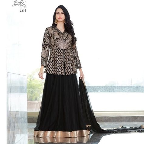 Black Embellished Designer Satin Semi Stitched Gown  #designerwear #designerlehenga #bollywoodreplica #bollywoodfashion #ishaambani… Long Blouse Lehenga, Long Blouse Designs, Choli Dress, Lehenga Style, Long Dress Design, Indian Gowns Dresses, Unique Blouse Designs, Designer Lehenga, Unique Blouse