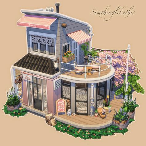 #sims4 #sims4houses #sims4housebuild #simsbuild #cafe #sims #flowers #coffee Sims 4 Bakery Mod, Cafe And House Design, Sims Bakery Build, Sims4 Building Ideas, Sims Cafe Layout, Syd Mac Sims 4 Builds, Coffee Shop Cc Sims 4, Sims 4 Bakery Lot, Sims4 Cafe Build