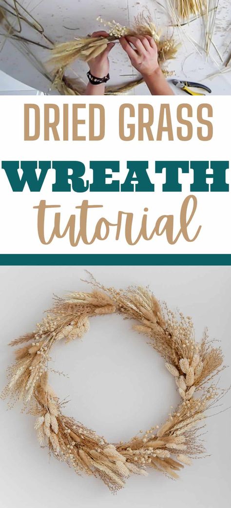 Flower Wreath Diy, Wheat Decorations, Dried Floral Wreath, Dried Floral Decor, Wheat Wreath, Fall Wreath Tutorial, Dried Floral Wreaths, Decorating For Fall, Straw Crafts