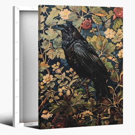 PRICES MAY VARY. William Morris Wall Art Canvas Print Sizes：Our Vintage Black Crow Poster features the intricate botanical design of William Morris, adding a touch of mid-century charm to any space. Available in unframed canvas, wood frame, and black aluminum frame options, this wall art comes in three sizes: 12x16 inch (30x40 cm), 16x24 inch (40x60 cm), and 24x36 inch (60x90 cm). Whether you prefer a minimalist look or a framed masterpiece, our poster suits various interior styles. Cottagecore Gothic Posters, Posters For Office, Cottagecore Dark Academia, Cottagecore Dark, Moody Decor, Academia Decor, Dark Academia Decor, Wall Art Retro, Black Crow