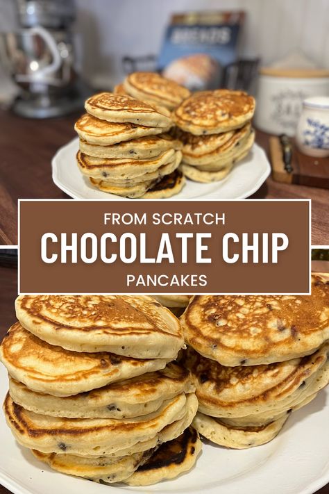 Simple recipe for chocolate chip pancakes from scratch! Delicious fluffy pancakes loaded with little bits are chocolate. Perfect breakfast recipe to freeze as well! Choc Chip Pancakes Easy, Made From Scratch Pancakes, Best Chocolate Chip Pancakes, How To Make Chocolate Chip Pancakes, Fluffy Chocolate Chip Pancakes, Easy Chocolate Chip Pancakes, Pancake Recipe Chocolate Chip, Chocolate Chip Pancakes Recipe Easy, Easy Chocolate Chip Pancake Recipe