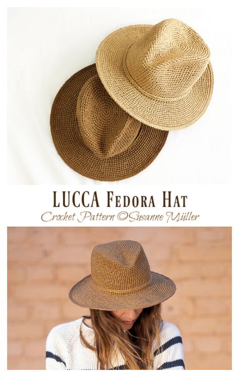 LUCCA Fedora Hat Crochet Pattern - Crochet & Knitting Fedora Pattern, Crochet Patterns Hats Kids, Printable Crochet Patterns, Summer Hat Style, Crochet Cowboy Hats, Cowboy Hat Pattern, Crochet Summer Hats, Raffia Crochet, Elegant Crochet