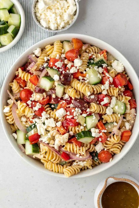 Greek Pasta Salad Recipe, Greek Pasta Salad, Cold Pasta Salad Recipes, Mini Cucumbers, Fusilli Pasta, Greek Salad Pasta, Greek Pasta, Cold Pasta Salad, Cold Pasta