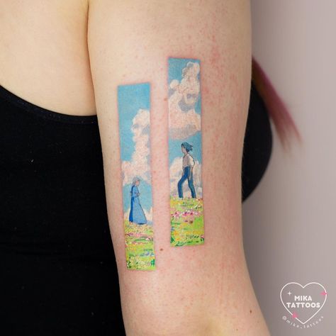 Mika みか♡ on Instagram: “Howl and Sophie panels for Kirsten 🖼 Thank you for your trust 💕 I absolutely love doing these panel tattoos, I would love love to do…” Panel Tattoos, Monet Tattoo, Page Tattoo, Ghibli Tattoos, Studio Ghibli Tattoo, Ghibli Tattoo, Howl And Sophie, Colorful Tattoos, Sunrise Painting