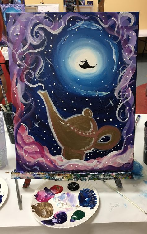 Inspo Art Ideas, Aladdin Painting, Sleeping Beauty Painting, Birthday Paintings, Aladdin Play, Expressive Drawing, Aladdin Art, Lantern Painting, Birthday Painting