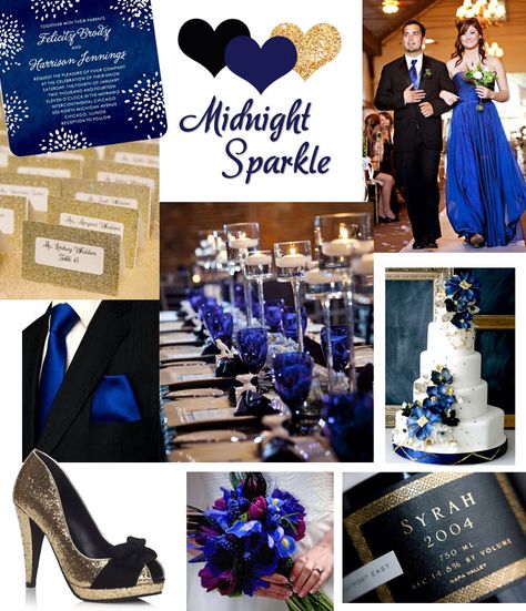 Black, Blue, and Gold Wedding Midnight Blue Wedding, Midnight Sparkle, Blue And Gold Wedding, Wedding Color Scheme, Gold Wedding Colors, Winter Wedding Colors, Royal Blue Wedding, Wedding Color Inspiration, Wedding Colors Blue