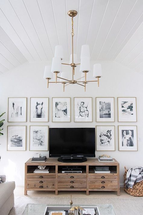 Great idea for decorating around your TV - hang similar sized art pieces in a grid around it! Family Room Reveal, Driven By Decor, Family Room Makeover, Home Theaters, Tv Wall Decor, Dekorasi Kamar Tidur, Living Room Remodel, Room Remodeling, Living Room Makeover