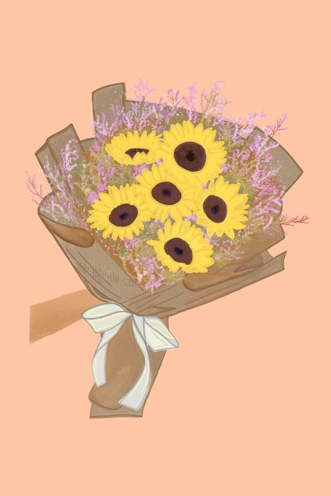 Sunflower. Sunflower  drawing. Procreate art. Bouquet art. Digital art. Procreate illustration Sunflower Bouquet Drawing, Love Stickers Aesthetic, Sunflower Bouquet Aesthetic, Ft Wallpaper, Books Vibe, Cute Bouquet, Growing And Glowing, Flower Bouquet Drawing, Very Aesthetic