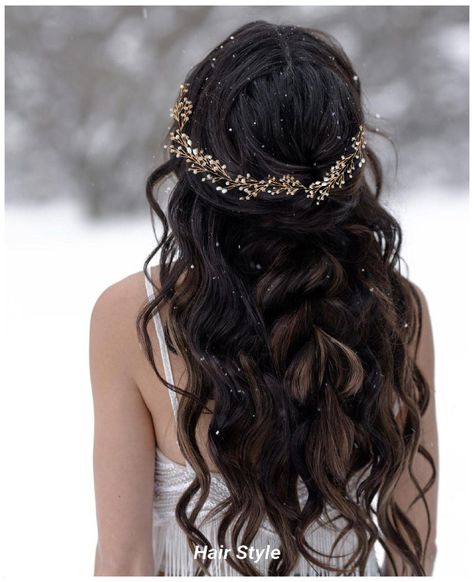 Elvish Bridal Hair, Brown Hair Wedding Styles, Glitter Wedding Hair, Brown Hair Half Up Half Down, Princess Hairstyles Aesthetic, Ethereal Hairstyles, Long Curly Wedding Hair, Wedding Hair For Bride, Beach Bridal Hair